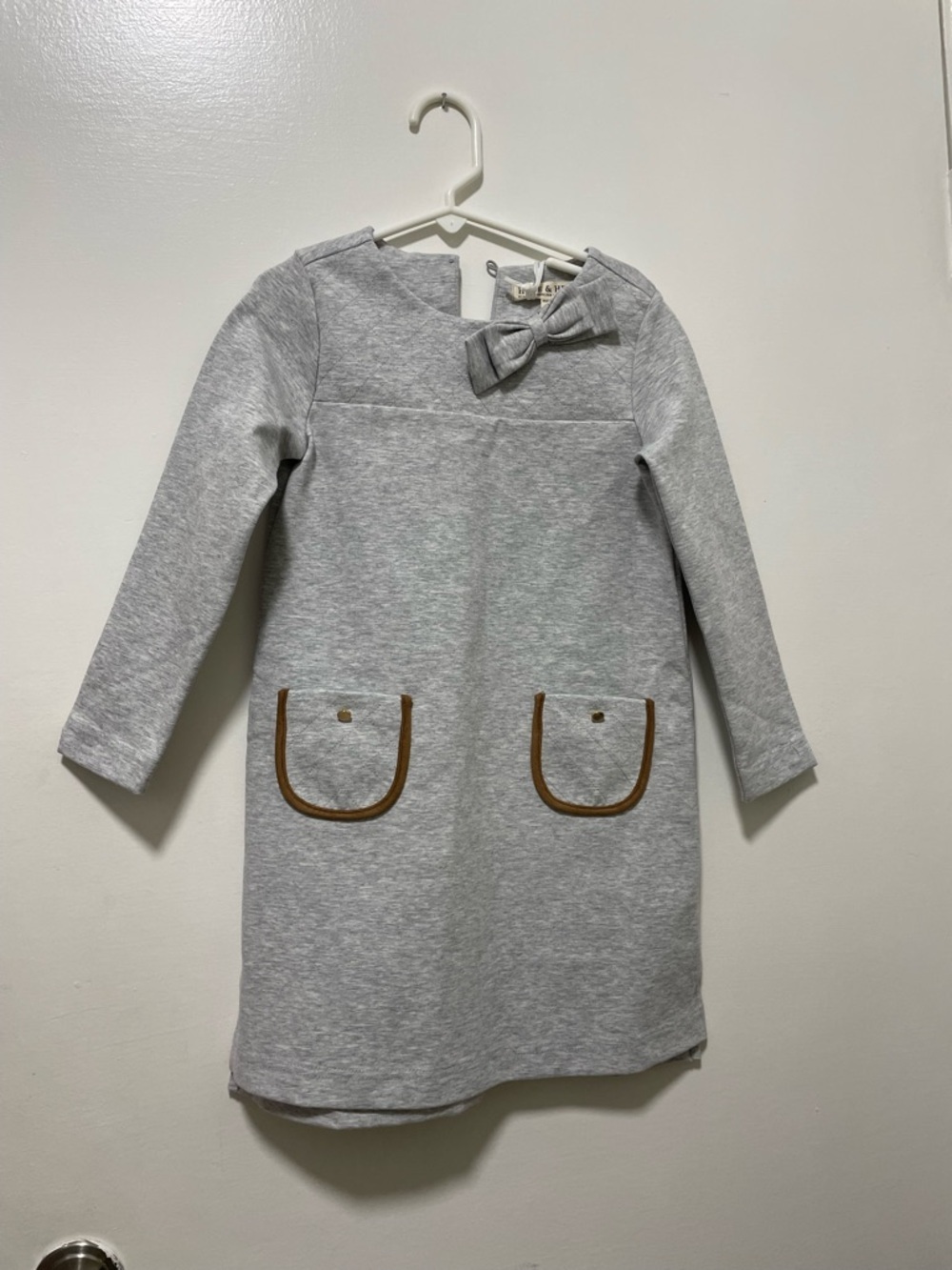 Hope & Henry Girls' Gray Long-Sleeve Bow-Accent  Dress with Pocket Trim NWT